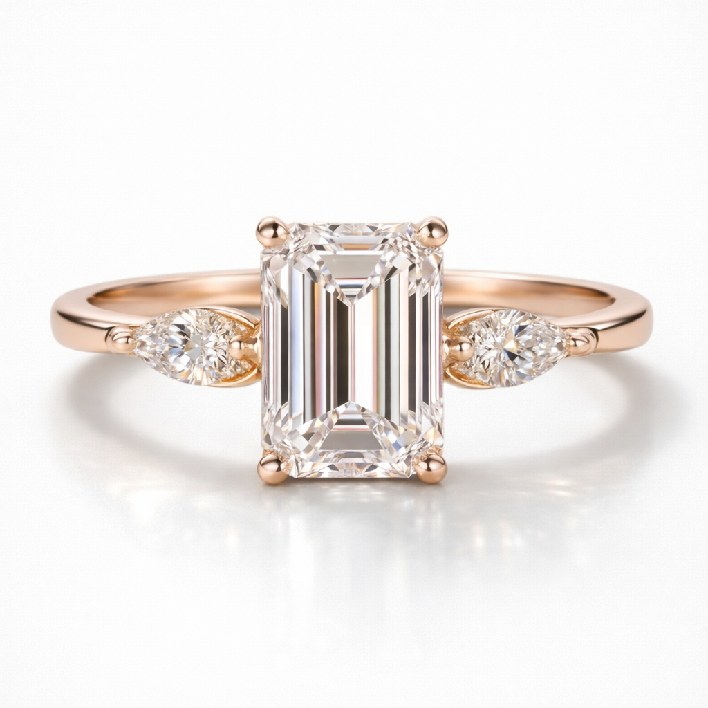 Emerald & Pear Cut Moissanite Diamond Engagement  18K Gold Ring