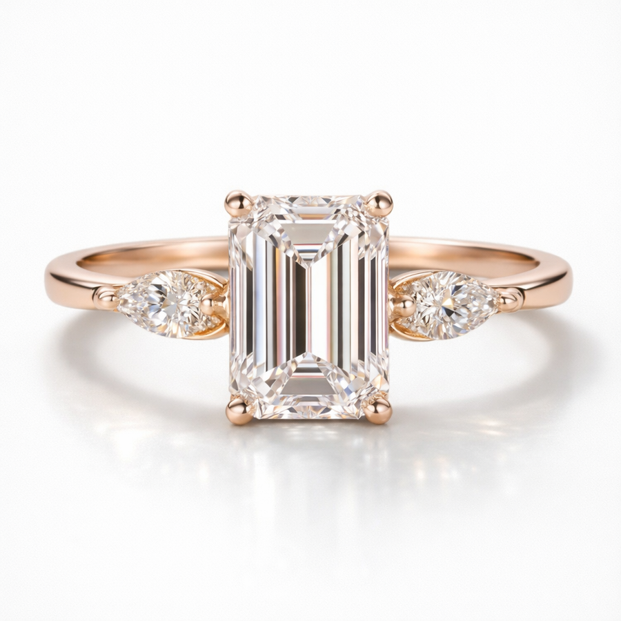 Emerald & Pear Cut Moissanite Diamond Engagement  18K Gold Ring
