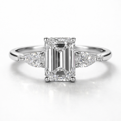 Emerald & Pear Cut Moissanite Diamond Engagement  Sterling Silver Ring