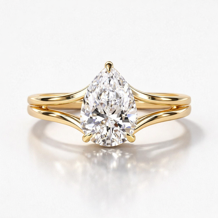 Pear Cut Moissanite Diamond Solitaire Hidden Halo Sterling Silver Ring