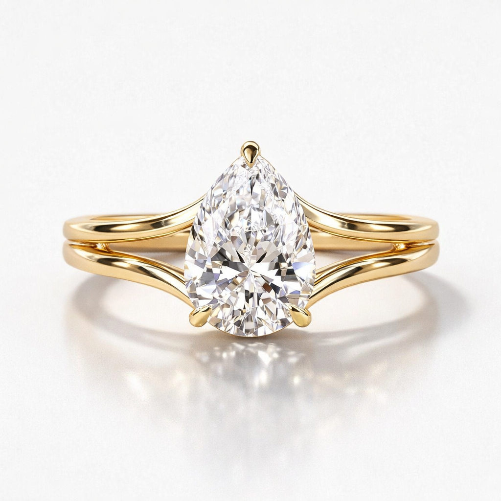 Pear Cut Moissanite Diamond Solitaire Hidden Halo Sterling Silver Ring