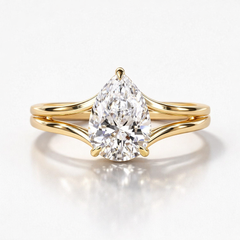 Pear Cut Moissanite Diamond Solitaire Hidden Halo Sterling Silver Ring