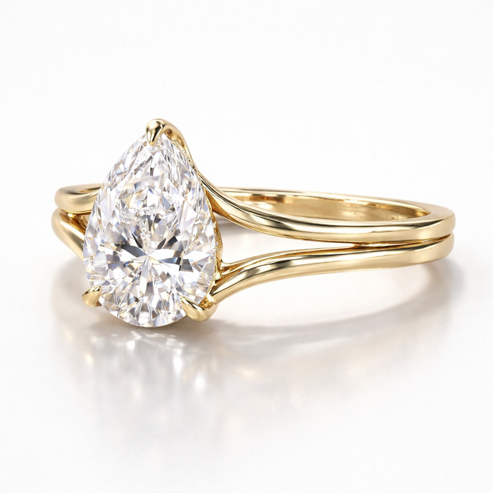 Pear Cut Moissanite Diamond Solitaire Hidden Halo Sterling Silver Ring