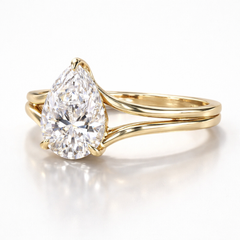 Pear Cut Moissanite Diamond Solitaire Hidden Halo Sterling Silver Ring