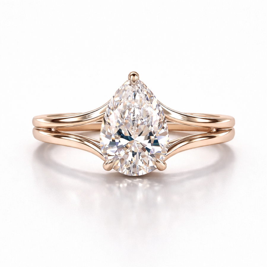 Pear Cut Lab Grown Diamond Hidden Halo 14K Gold Ring