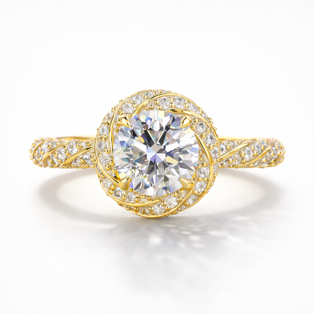 Round Cut Moissanite Diamond Twisted Pave 14K Gold Ring