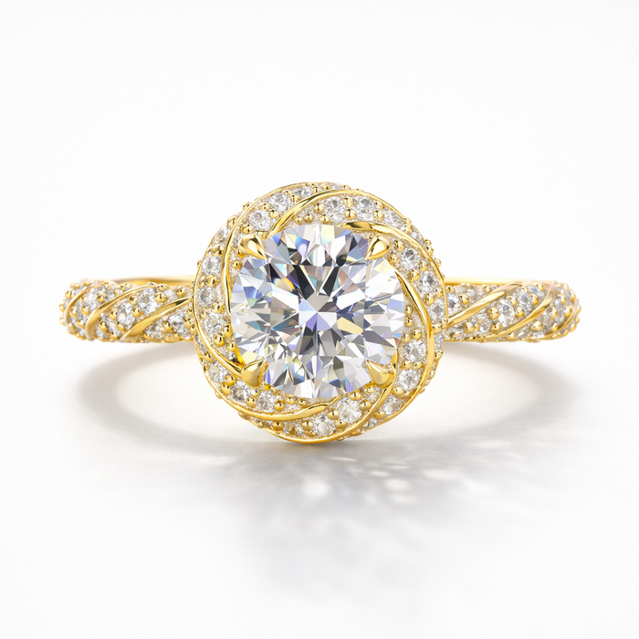 Round Cut Moissanite Diamond Twisted Pave 14K Gold Ring
