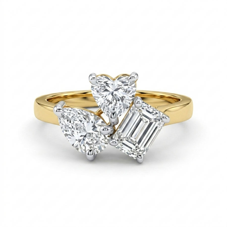 Trinity Pear, Heart & Emerald Cut Moissanite Diamond Engagement 9K Gold Ring