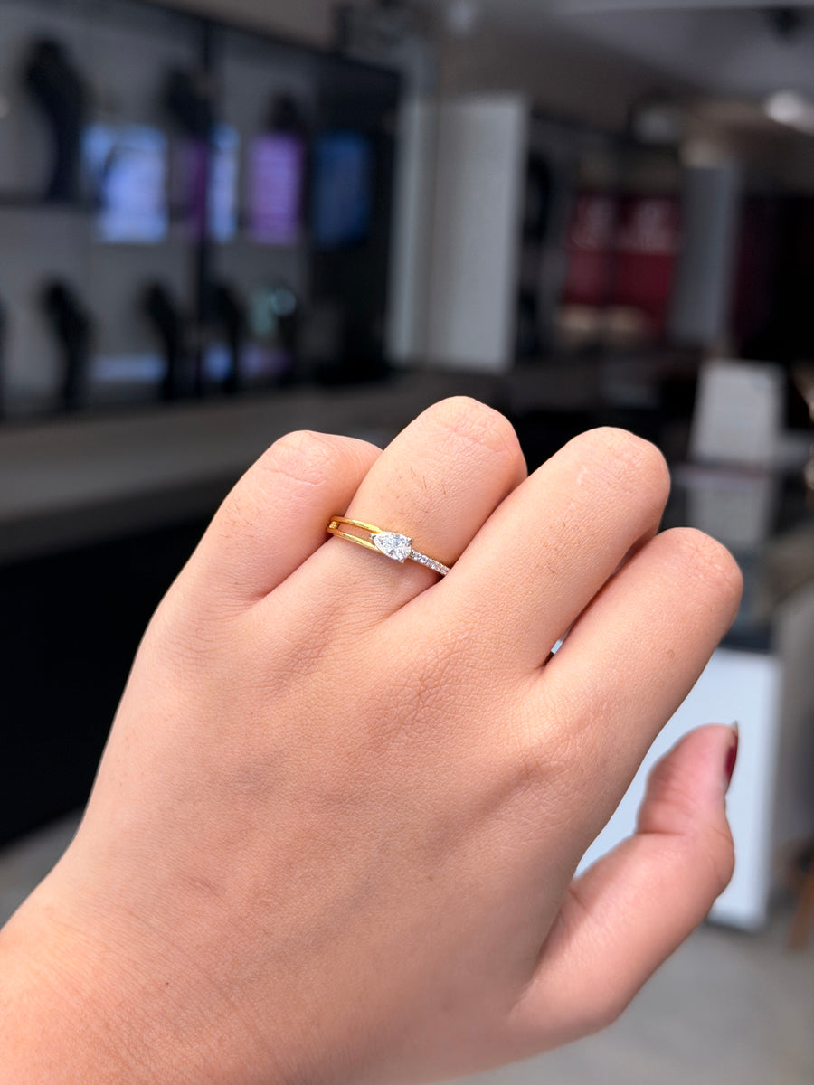 Delicate Halo Pear & Round Cut Lab Grown Diamond Engagement 9K Gold Ring