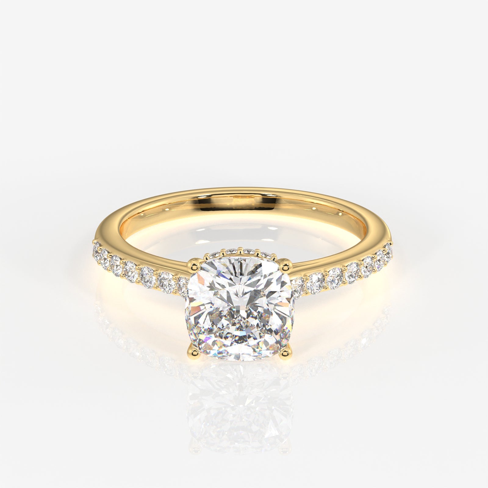 Cushion Cut Moissanite Diamond Hidden Halo 14k Gold Ring