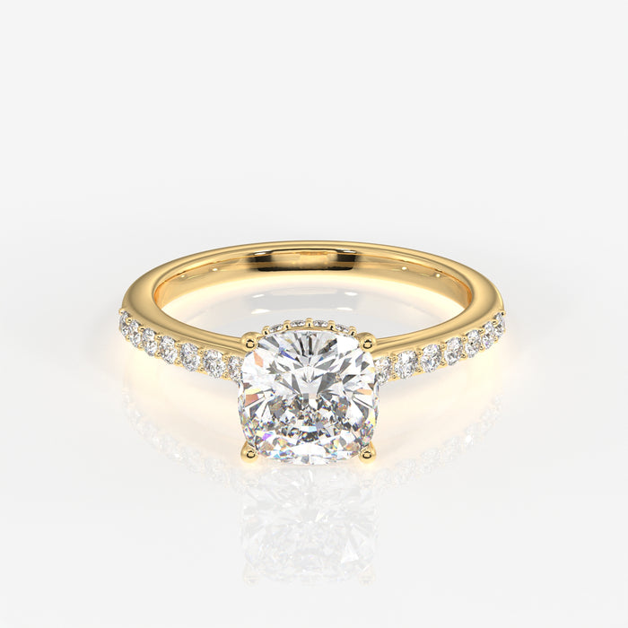 Cushion Cut Moissanite Diamond Hidden Halo 14k Gold Ring