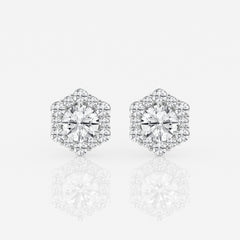 Round Cut Moissanite Diamond Hexagonal Halo Stud 18k Earrings