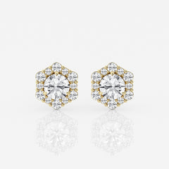 Round Cut Moissanite Diamond Hexagonal Halo Stud 18k Earrings