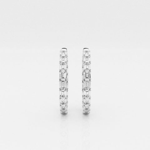 Emerald-cut hoop earrings in a white-metal finish, front view