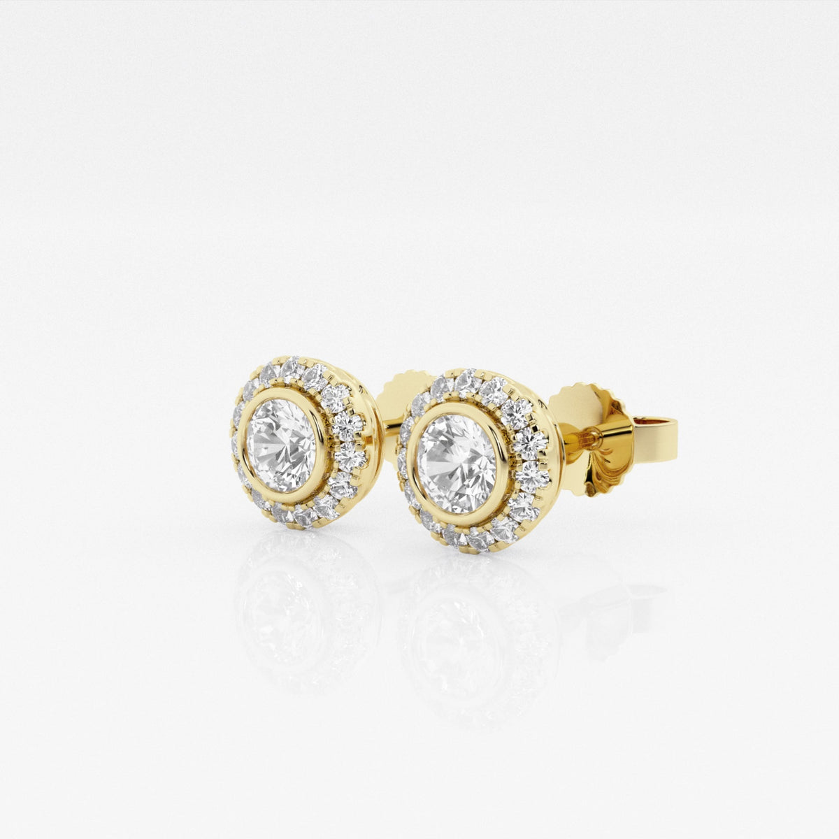 Round Cut Moissanite Diamond Bezel Halo Stud 18k Gold Earrings