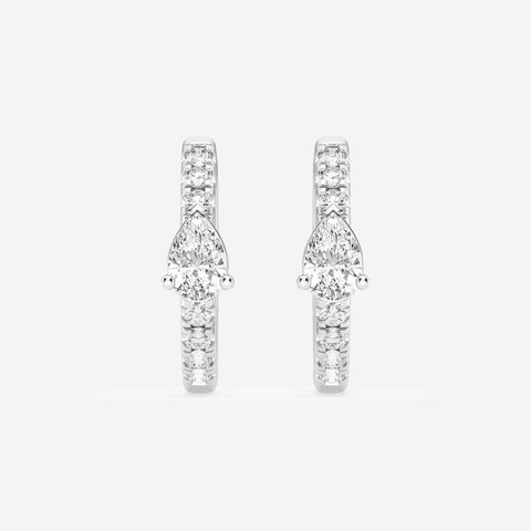 Pear and round-stone huggie hoop earrings in a white-metal finish, front view