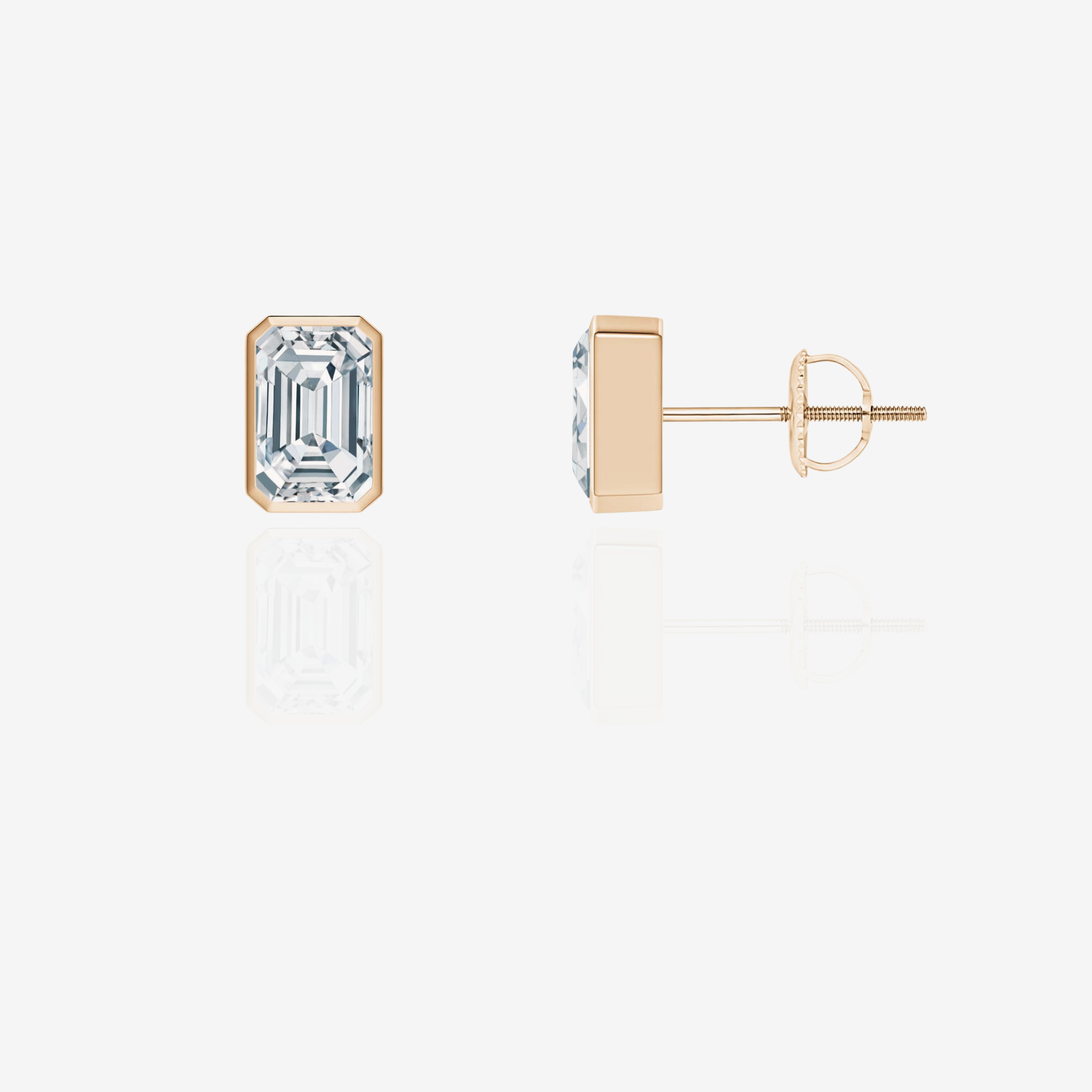 Emerald Cut Moissanite Diamond Bezel Stud 14k Gold Earrings