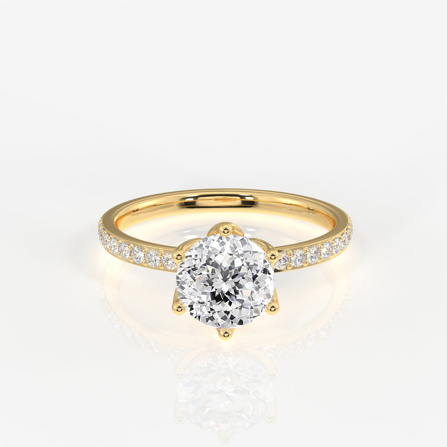 Portuguese Cut Tulip Six Prong Moissanite Diamond Pave 18K Gold Ring