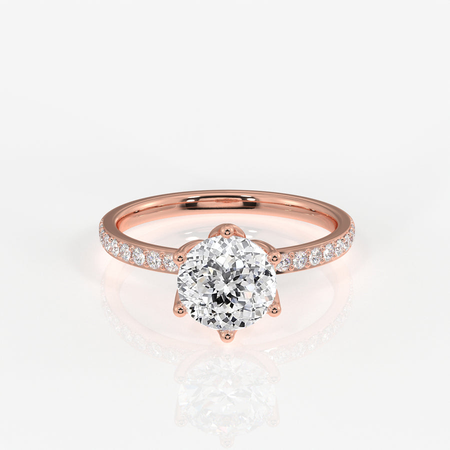 Portuguese Cut Tulip Six Prong Moissanite Diamond Pave 18K Gold Ring
