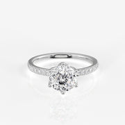 Portuguese Cut Tulip Six Prong Moissanite Diamond Pave 18K Gold Ring