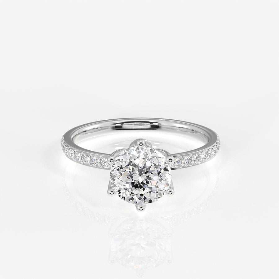 Portuguese Cut Tulip Six Prong Moissanite Diamond Pave 18K Gold Ring