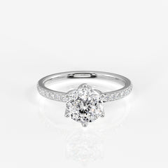 Portuguese Cut Tulip Six Prong Moissanite Diamond Pave Sterling Silver Ring