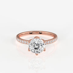 Portuguese Cut Tulip Six Prong Moissanite Diamond Pave Sterling Silver Ring