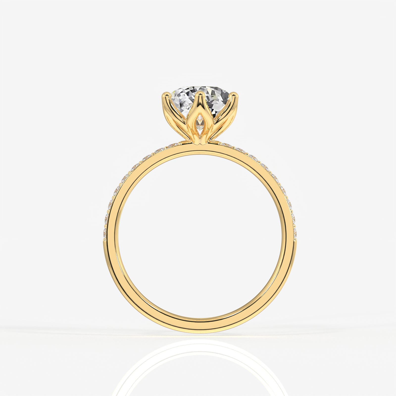 Portuguese Cut Tulip Six Prong Moissanite Diamond Pave 18K Gold Ring