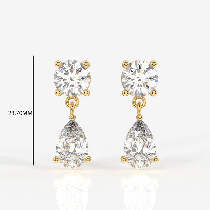 Round and Pear Cut Moissanite Diamond Dangle 18k Gold Earrings