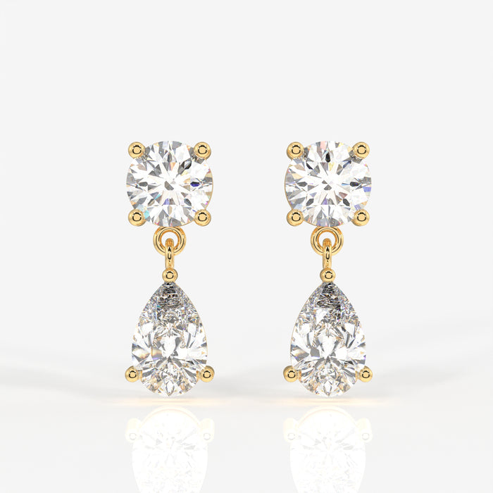 Round and Pear Cut Moissanite Diamond Dangle 18k Gold Earrings