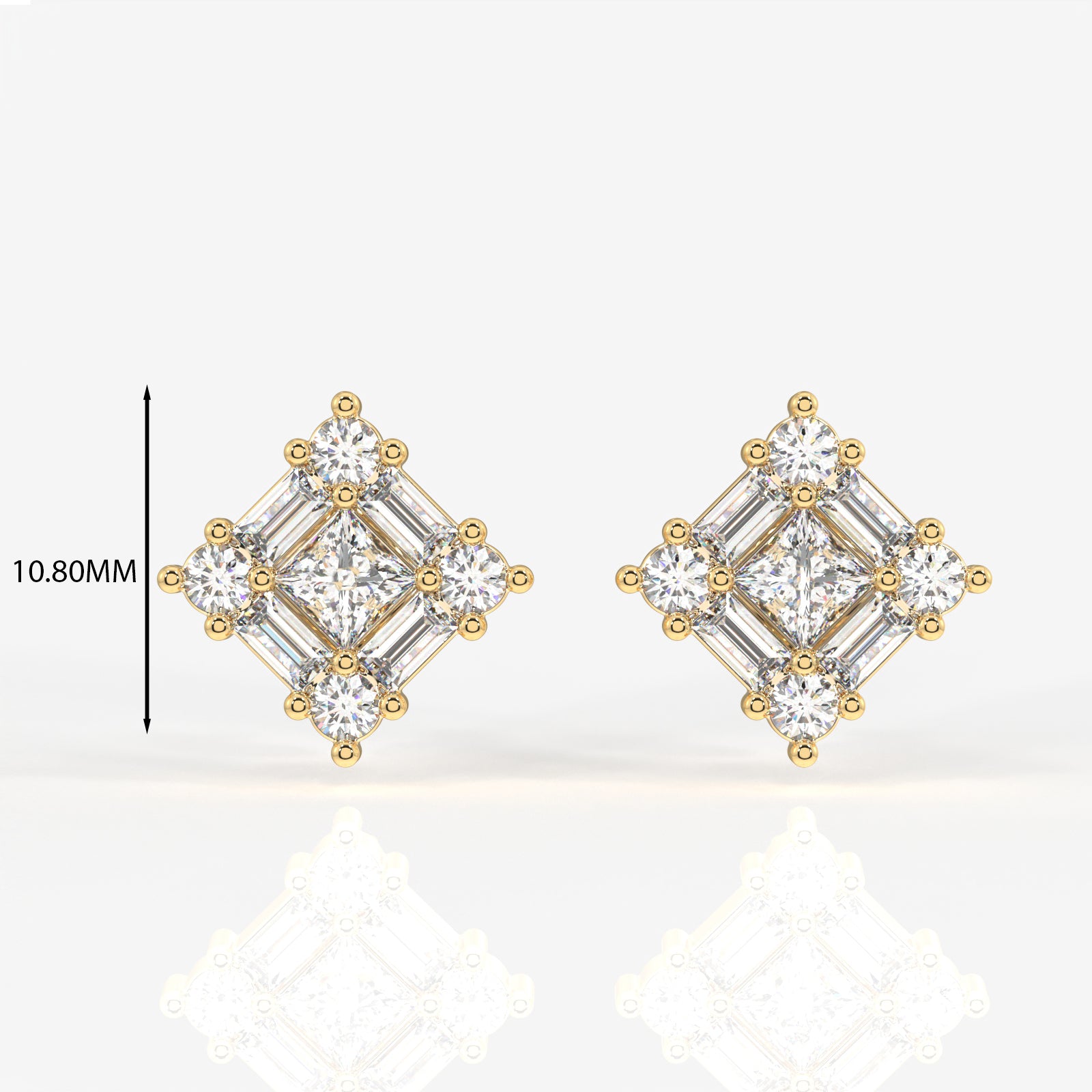 Round and Baguette Cut Moissanite Diamond Stud Sterling Silver Earrings