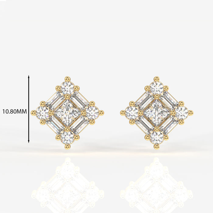 Round and Baguette Cut Moissanite Diamond Stud 18K Gold Earrings