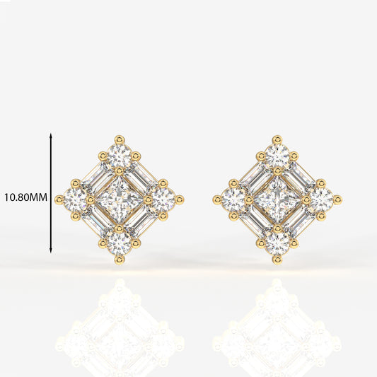 Round and Baguette Cut Moissanite Diamond Stud Sterling Silver Earrings