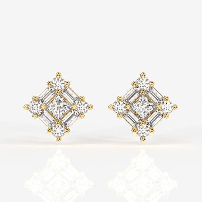 Round and Baguette Cut Moissanite Diamond Stud 18K Gold Earrings