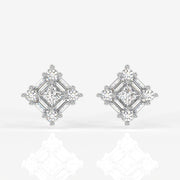 Round and Baguette Cut Moissanite Diamond Stud Sterling Silver Earrings