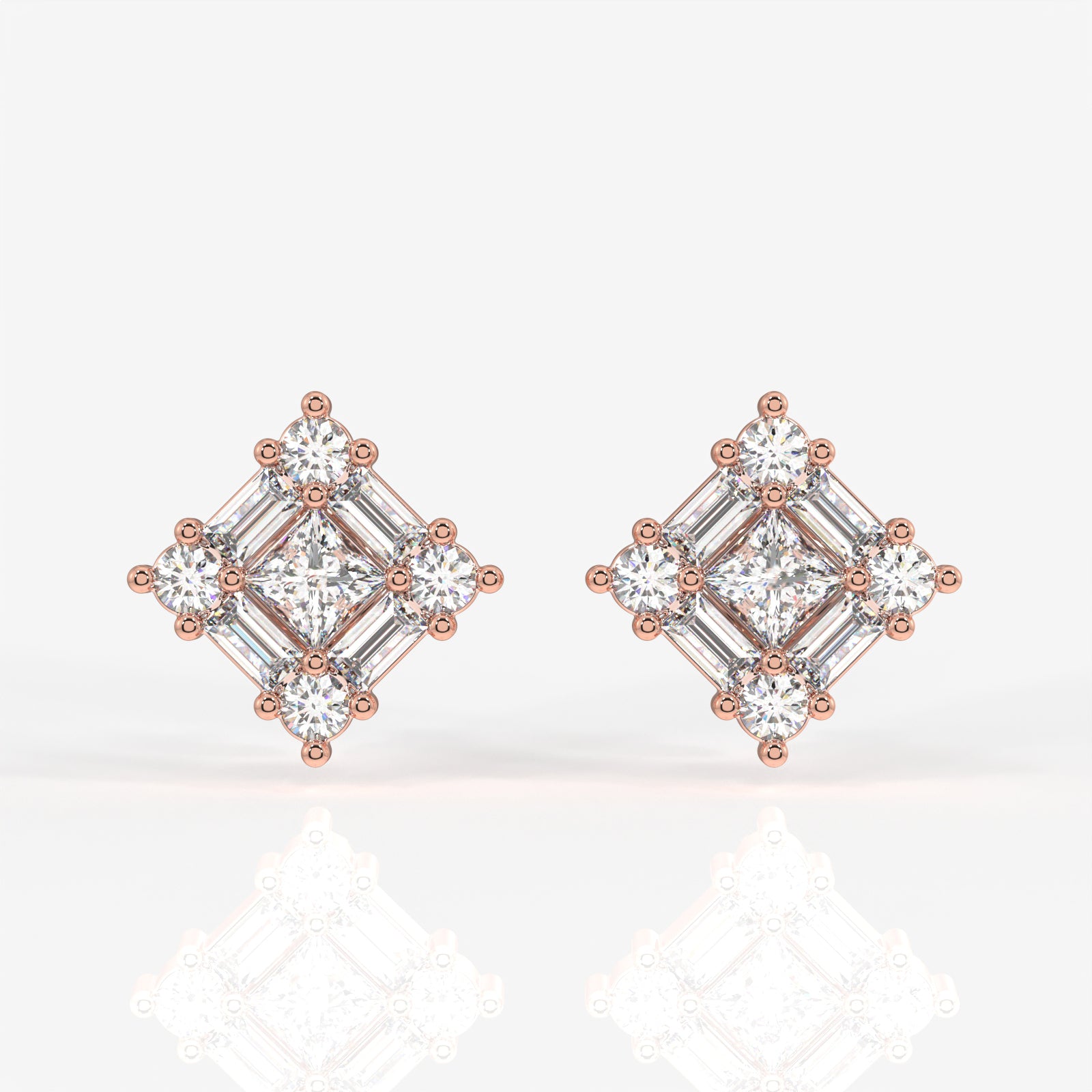Round and Baguette Cut Moissanite Diamond Stud Sterling Silver Earrings
