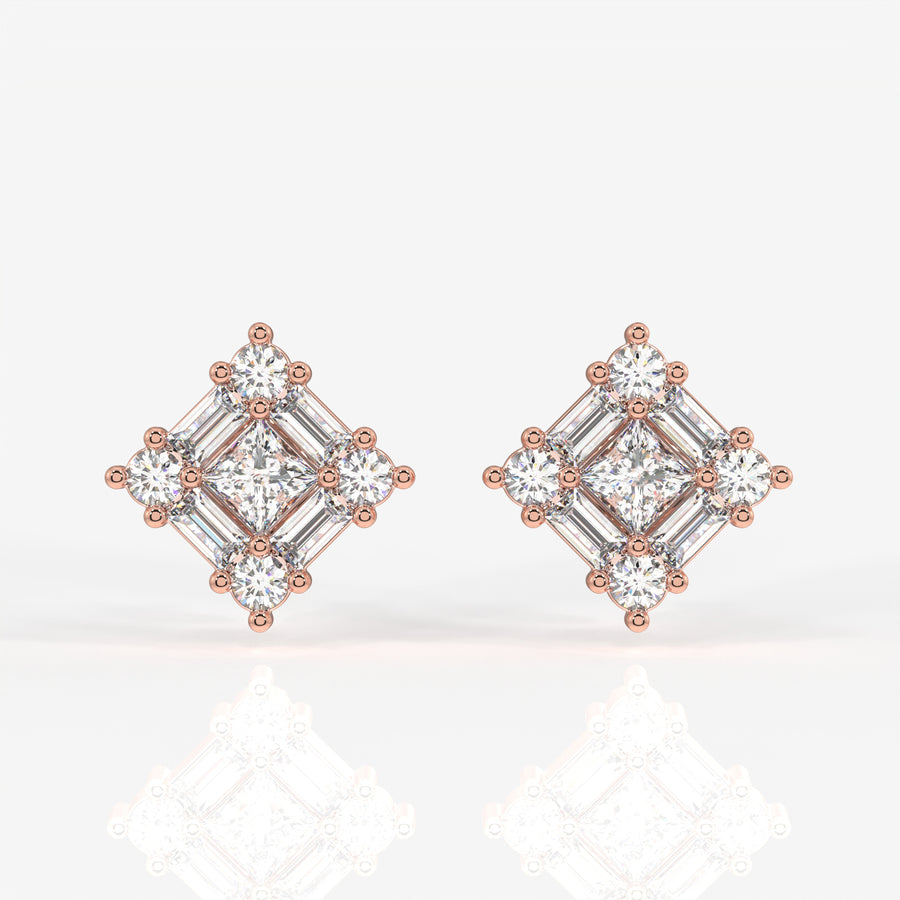 Round and Baguette Cut Moissanite Diamond Stud Sterling Silver Earrings