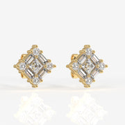 Round and Baguette Cut Moissanite Diamond Stud Sterling Silver Earrings