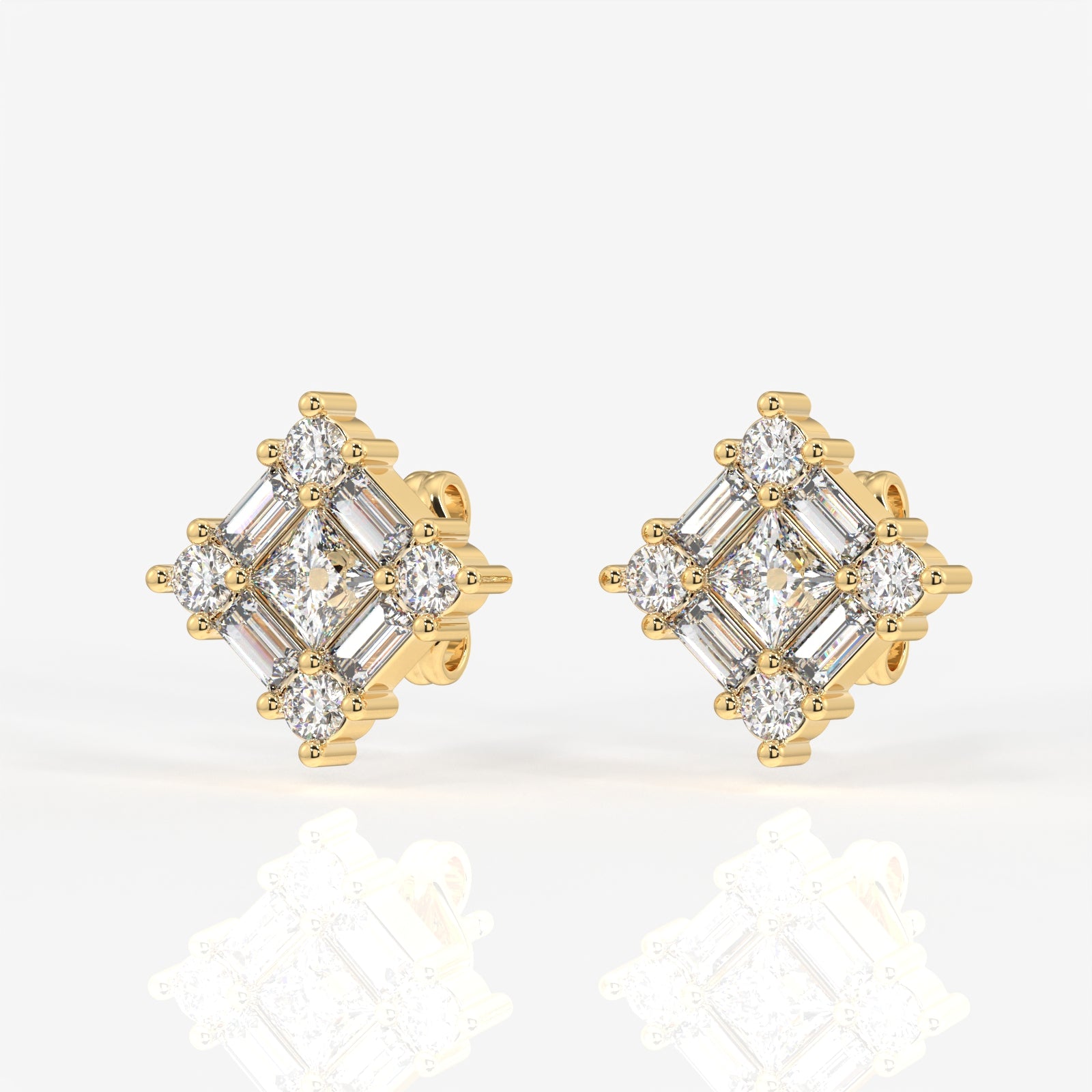Round and Baguette Cut Moissanite Diamond Stud Sterling Silver Earrings