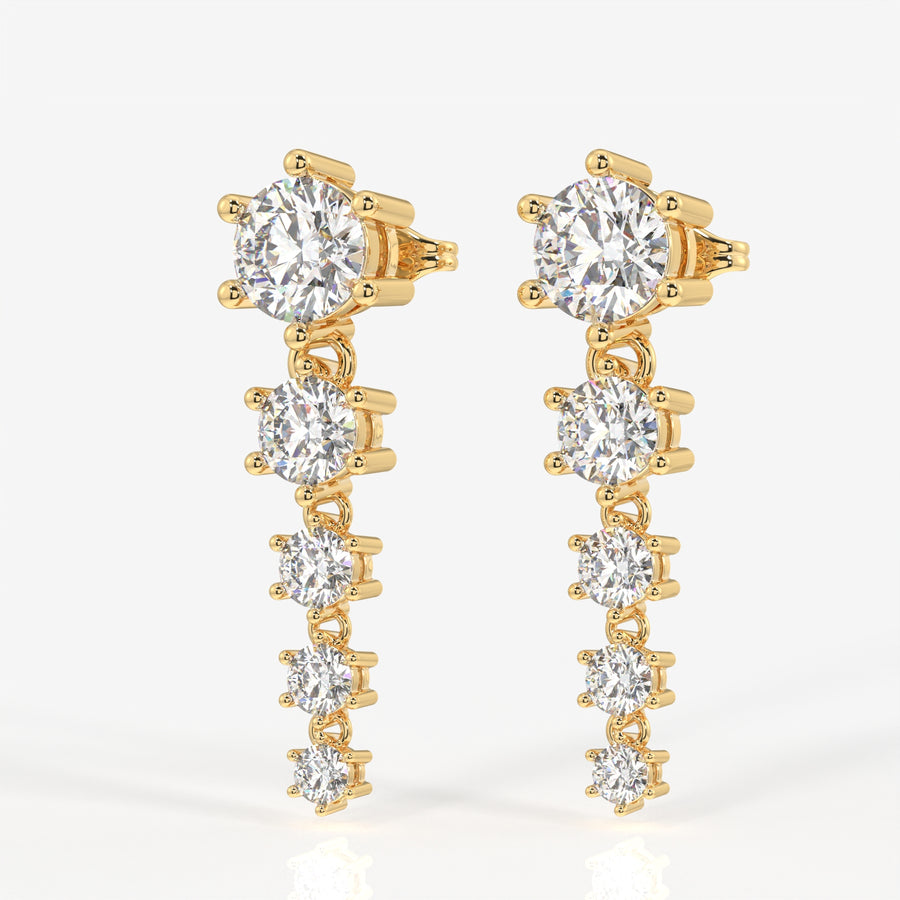 Round Cut Lab Grown Diamond Dangle 9K Gold Earrings