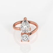 Round and Pear Cut Moissanite Diamond Toi - Et - Moi Sterling Silver Ring