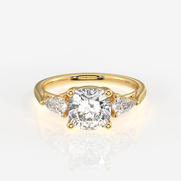 Cushion and Pear Cut Lab Grown Diamond Three Stone 9K Gold Ring