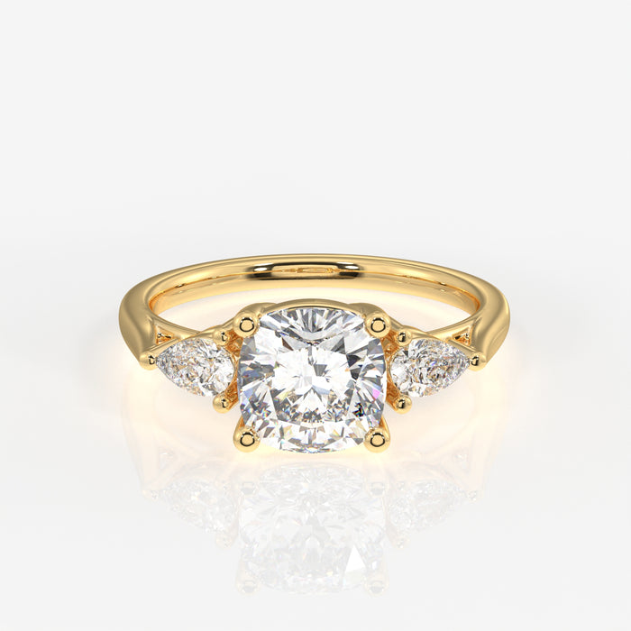 Cushion and Pear Cut Moissanite Diamond Three Stone 18K Gold Ring