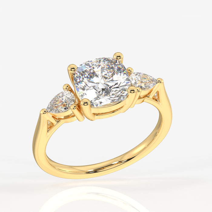 Cushion and Pear Cut Moissanite Diamond Three Stone 18K Gold Ring