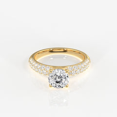 Portuguese Cut Lab Grown Diamond Three Layer Pave 14K Gold Ring