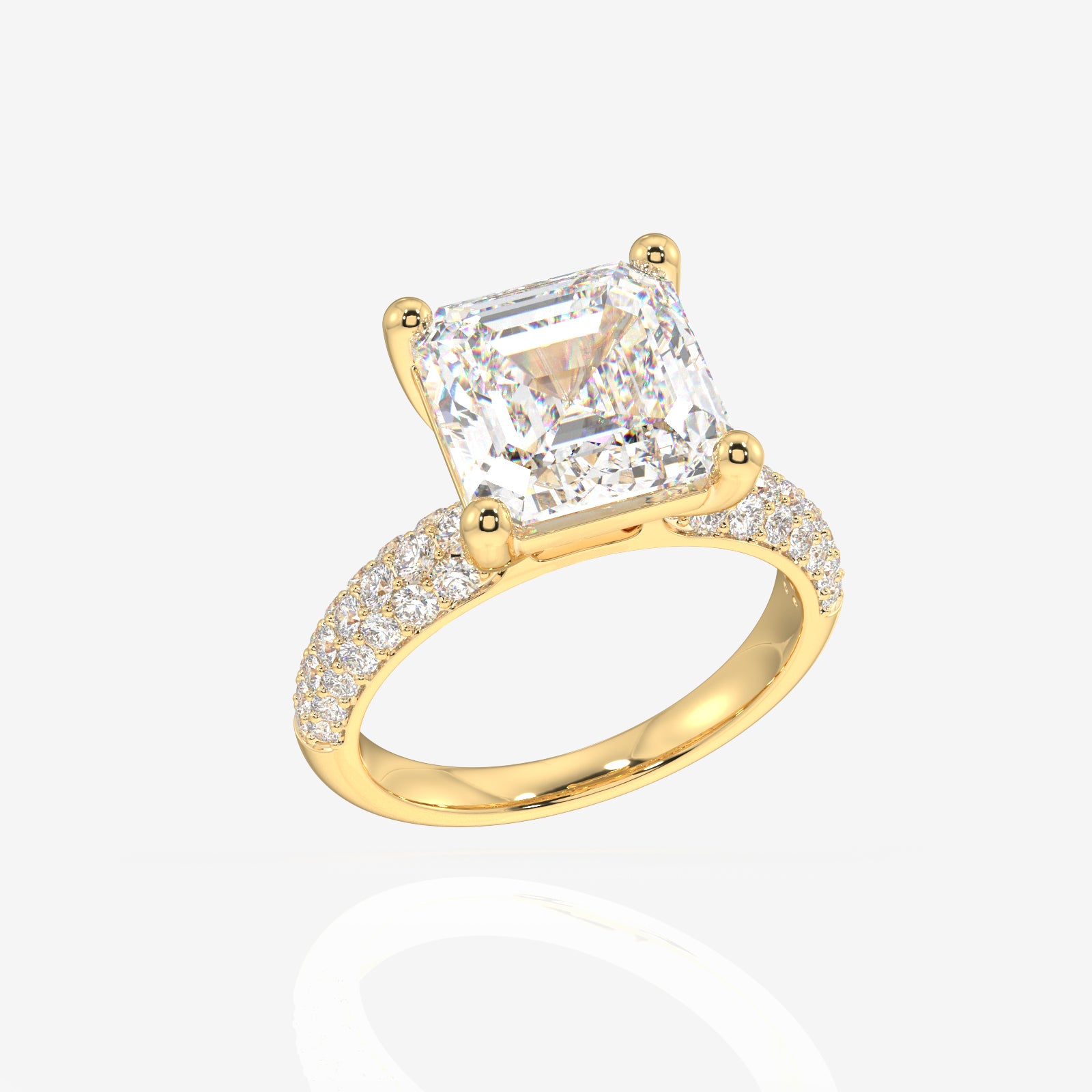 Asscher Cut Lab Grown Diamond Three Layer Pave 14K Gold Ring