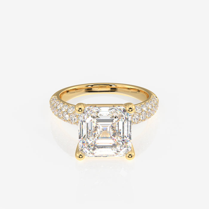 Asscher Cut Lab Grown Diamond Three Layer Pave 14K Gold Ring