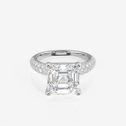 Asscher Cut Lab Grown Diamond Three Layer Pave 14K Gold Ring
