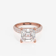 Asscher Cut Lab Grown Diamond Three Layer Pave 14K Gold Ring