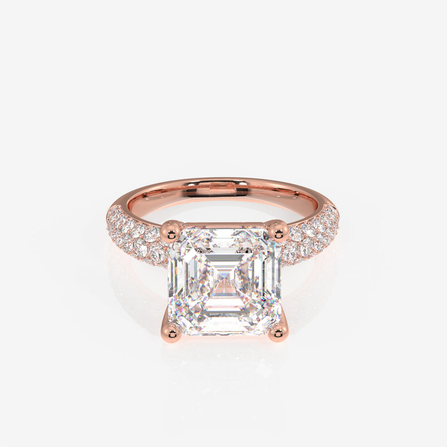 Asscher Cut Lab Grown Diamond Three Layer Pave 14K Gold Ring